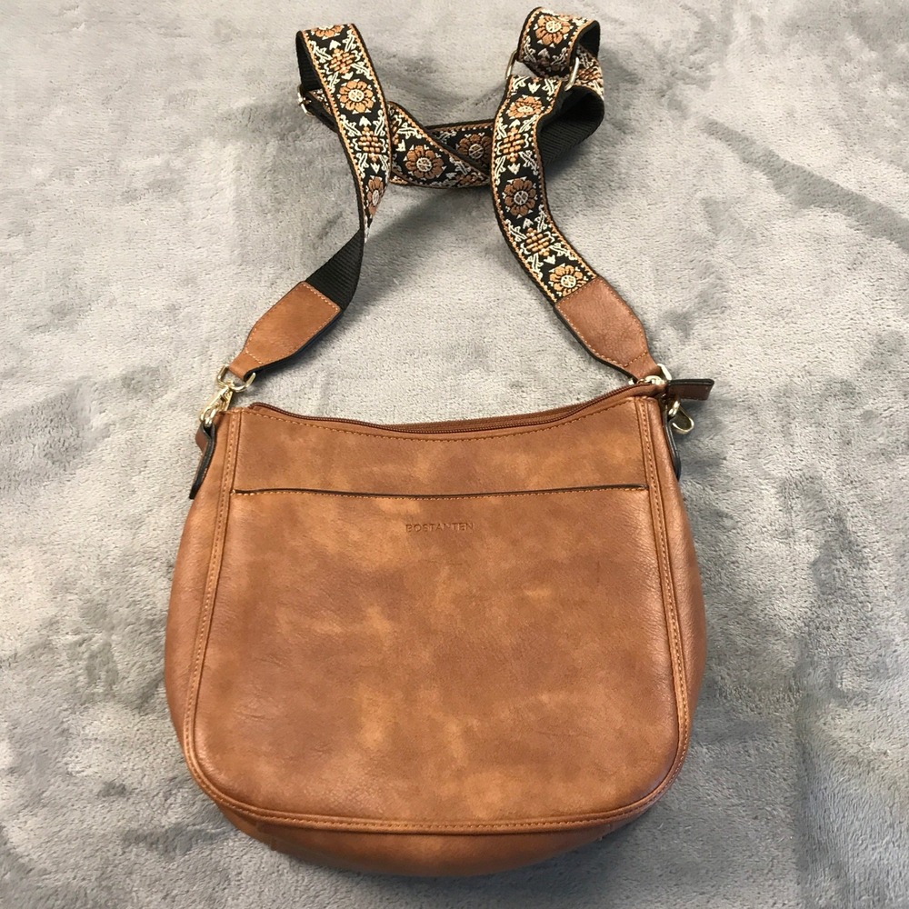 Bostanten Brown Vegan Leather Crossbody Bag with Floral Guitar Strap Boho